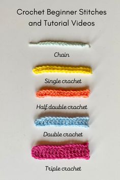 the crochet beginner stitches and individual videos are shown in four different colors