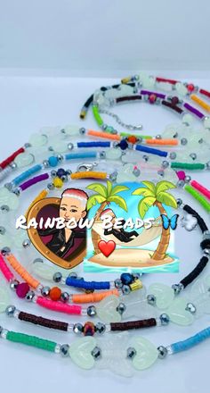 the beaded bracelets are all different colors and sizes, with an image of a man