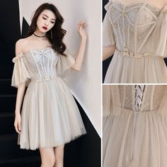 Charming Champagne Party Dresses 2019 A-Line / Princess Off-The-Shoulder Crystal Short Sleeve Backless Short Formal Dresses Elegant Off-shoulder Party Corset Dress, Elegant Summer Homecoming Corset Dress, Strapless Off Shoulder Dress For Prom Season Banquet, Elegant Summer Corset Dress For Homecoming, Strapless Off Shoulder Evening Prom Dress, Strapless Off Shoulder Evening Dress For Prom, Strapless Evening Dress For Banquet Party Season, Strapless Evening Dress For Party Season Banquets, Strapless Evening Dress For Banquet