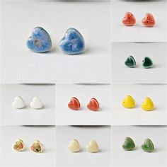 Small ceramic heart shaped earrings with 925 sterling silver posts. Simple and cheap colorful studs for every day. Unique handmade ceramic jewelry. Gift for her Silver or silicone snap butterfly closure. Size: 9 x 9 x 3mm. COLORS - Blue - Red - White - Beige - Yellow - Green - Dark green - Apple green - Red with black and white speckles ELABORATION Each ceramic piece is carefully modeled with white clay and hand painted with special ceramic glazes. Two firings of up to 1200 º C are necessary in Ceramic Kiln, Handmade Ceramic Jewelry, Ceramic Glazes, Ceramic Heart, Heart Stud Earrings, Heart Shaped Earrings, Earrings Simple, Ceramic Jewelry, Paper Envelopes