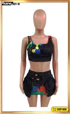 Summer Party Black Paints Strap Crop Top and Mini Skirt 2pc Set Black Two-piece Set For Summer, Black Two-piece Crop Top For Summer, Summer Black Two-piece Crop Top, Casual Multicolor Party Sets, Fitted Multicolor Skirt Set For Summer, Multicolor Fitted Skirt Set For Summer, Fitted Casual Two-piece Set For Party, Black Summer Party Sets, Black Party Sets For Summer