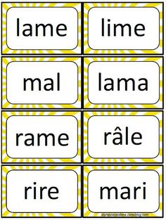 four yellow and white labels with words that spell out the word's name in different languages