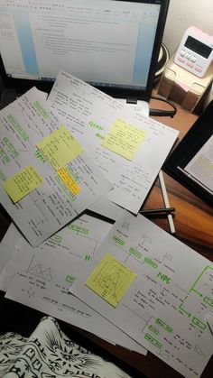 several pieces of paper with sticky notes on them next to a computer monitor and calculator