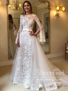 Trumpet Sleeves Floral Lace Wedding Dresses with Detachable Train AWD1933-SheerGirl Romantic Wedding Dress Lace, Floral Lace Wedding Dress, Wedding Gowns With Sleeves, Lace Wedding Dress With Sleeves, Detachable Train, Wedding Dress Belt, Long Sleeve Wedding Dress Lace, Wedding Dresses Satin, Wedding Boho