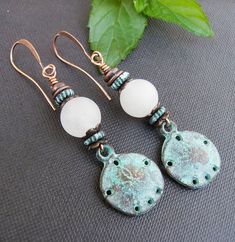 Beach Inspired Boho Earrings Copper Patina Sand Dollar Charm Rustic Turquoise Jewelry For The Beach, Vintage Beach Dangle Earrings, Vintage Beach Dangle Jewelry, Vintage Nickel-free Earrings For Beach, Unique Jewelry Gifts, Copper Patina, White Jade, Sand Dollar, Beach Inspired