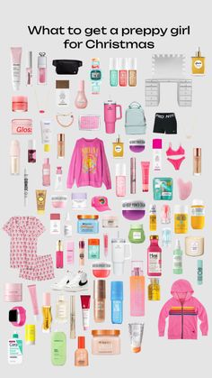 a poster with lots of different types of items on it and the words what to get a preppy girl for christmas