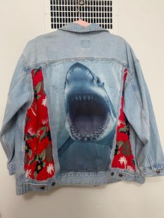 Denim Jacket with Shark tshirt on the back and Hawaiian shirt panels on the sides  Oversized fit Shark Jacket, Manhattan Ks, Hawaiian Print, Light Denim, Hawaiian Shirt, Oversized Fits, Jean Jacket, Manhattan, Gender Neutral