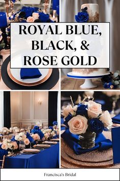 royal blue, black and rose gold wedding color scheme for the bride's table