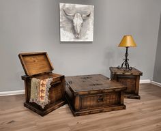 GRAND HACIENDA TRUNK COFFEE TABLE AND TWO TRUNK END TABLES - The Rustic Mile Trunk End Table, Trunk Coffee Table, Wrought Iron Door, Outdoor Mattress, Coffee Table Trunk, Round Dining Set, Living Room Sofa Set, Wrought Iron Doors, The Old West