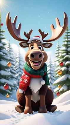 rudolph the reindeer is sitting in the snow with his scarf around his neck and hat on