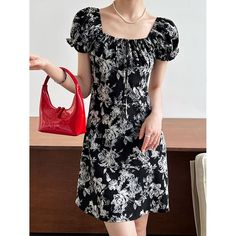 Z-267-42 Black Floral Print Satin Dress, Black Satin Knee-length Mini Dress, Black Satin Dress With Floral Print, Summer Black Satin Mini Dress, Black Satin Short Sleeve Dress, Beach Outfit Casual, Dance Pants Hip Hop, Plain Skirt, Black Floral Dress