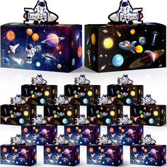 a bunch of boxes that have space themed designs on them, all in different shapes and sizes