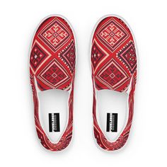 NOTE: To receive by Christmas using standard shipping, please order before or by December 8, 2023. Made for comfort and ease, these Women's Slip-On Canvas Shoes are stylish and the ideal piece for completing an outfit. Equipped with removable soft insoles and rubber outsoles, it's also easy to adjust them for a better fit. *  100% polyester canvas upper side *  Ethylene-vinyl acetate (EVA) rubber outsole *  Breathable lining, soft insole *  Elastic side accents *  Padded collar and tongue *  Printed, cut, and handmade This product is made especially for you as soon as you place an order, which is why it takes us a bit longer to deliver it to you. Red Slip-on Sneakers With Rubber Sole, Casual Red Slip-on Shoes, Red Low-top Slip-ons With Rubber Sole, Bandana Shoes, Canvas Slip On Shoes, Red Bandana, Print Shoes, Bandana Print, Shoe Print