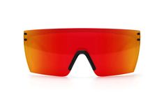 an orange and red pair of sunglasses on a white background with the lens partially closed