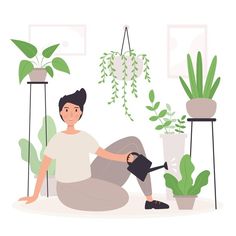 a person sitting on a chair with some plants in the background and a potted houseplant behind them