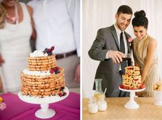 a couple cutting their wedding cake at the reception