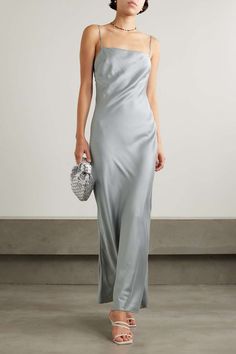 ST. AGNI Stretch silk-blend satin maxi dress | NET-A-PORTER Grey Dress Formal, Long Silver Dress, Silver Silk Dress, Silver Satin Dress, Build Wardrobe, Grey Silk Dress, Satin Outfits, Drape Maxi Dress, St Agni