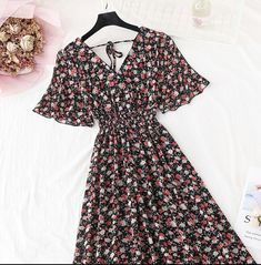 Summer Vintage Floral Chiffon Long Dress V-neck Chiffon Dress For Vacation, Summer V-neck Chiffon Dress, Summer Chiffon Maxi Dress With V-neck, Summer V-neck Short Sleeve Chiffon Dress, Summer V-neck Chiffon Dress With Short Sleeves, Multicolor Floral Print Chiffon Dress V-neck, Flowy Multicolor V-neck Chiffon Dress, Flowy V-neck Multicolor Chiffon Dress, Spring Bohemian Short Sleeve Chiffon Dress