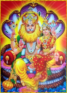 an image of the hindu god with two women in front of him on a colorful background