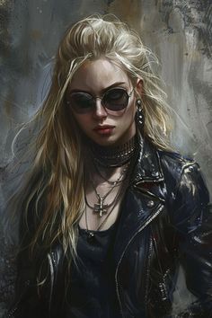 a painting of a woman wearing sunglasses and a leather jacket with chains around her neck