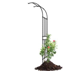 a tall metal pole with flowers growing out of it's sides and dirt underneath