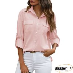 Casual Solid Buttons Down Lapel Collar Side Pockets Blouse Office Blouse With Roll-up Sleeves For Fall, Fall Office Blouse With Roll-up Sleeves, Elegant Solid Blouse With Roll-up Sleeves, Casual Collared Blouse For Work, Solid Color Blouse With Spread Collar For Spring, Casual Workwear Blouse With Collared Neckline, Casual Office Wear Blouse With Spread Collar, Casual Spread Collar Blouse For Office, Spring Blouse With Pockets And Spread Collar