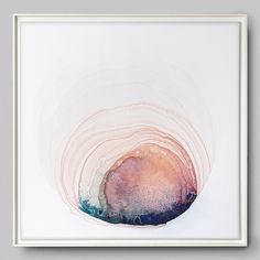 an abstract painting with pink, blue and purple colors on white paper in a frame