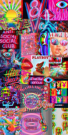 a collage of various images with the words social club in different colors and sizes