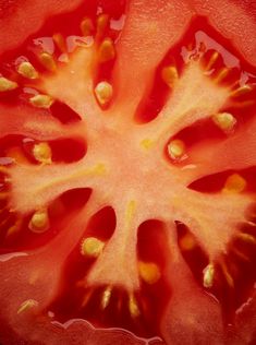 a close up view of a tomato that has been cut in half with the seeds still attached