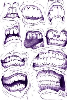 various mouths and teeth drawn in pencil