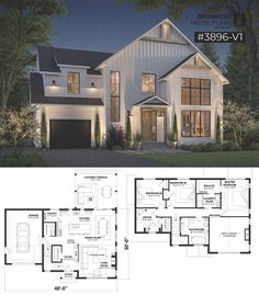 two story house plan with 3 car garage and living area in the front, one bedroom on