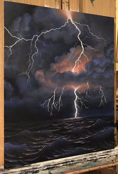 a painting of a lightning storm over the ocean