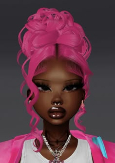 Hairstyles Feminine, Imvu Y2k, Black And Pink Hair, Imvu Hairstyles, Avatar Black, Dark Skin Pink Hair Character Art