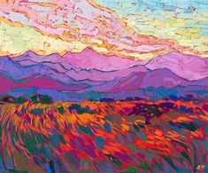 an abstract painting of colorful mountains and trees