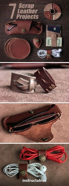 several different types of leather items are shown in this image and the text below reads 7 leather projects