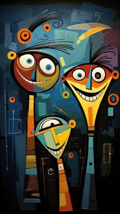 an abstract painting of two faces with different colors and shapes on black background, one has eyes