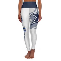 Show off your team spirit with these leggings featuring your favorite football team colors! These skinny fitting high-waisted yoga leggings will take you from workout to store run in comfort and style. They are fully customizable with an all-over print that adds an instant pop to any athleisure wardrobe. Note: Runs small, consider sizing up! .: 83% Polyester, 17% Spandex .: Skinny fit .: Outside seam thread is color-matched to design .: Interior white seam thread .: Double layer waistband .: Please note: Slightly see-through when stretched. Some of the undyed white underneath material may become visible at the seams or where sewn. .: Assembled in the USA from globally sourced parts White Athleisure Activewear For Cheerleading, Cheerleading Sportswear For Sports Season, White Sporty Activewear For Cheerleading, Fitted Team Spirit Activewear For Sports Events, Athleisure Moisture-wicking Leggings For Sports Events, Moisture-wicking Leggings For Sports Events, Athleisure Activewear With Team Name For Gym, Moisture-wicking Athleisure For Cheerleading, Moisture-wicking Activewear For Cheerleading