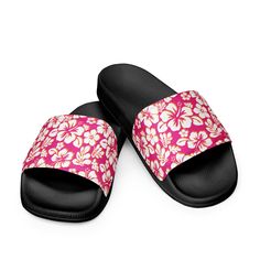 Tap into sweet island energy with these Hot Pink, Orange and White Hawaiian Flowers Women's Slides from Extremely Stoked! These slides feature a cushioned upper strap and a textured footbed, providing ultimate comfort and a refreshing touch to your feet. • Cushioned faux leather upper strap • Lightweight polyurethane (PU) outsole • Contoured, textured footbed • Stitched around the upper perimeter for extra durability • Spot clean only • Printed, cut, and handmade Important: This product is avail Pink Synthetic Sandals For Poolside, Vacation Pink Slippers With Textured Footbed, Pink Slippers With Textured Footbed For Vacation, Pink Vacation Slippers With Cushioned Footbed, Tropical Open Toe Synthetic Sandals, Pink Synthetic Slippers For Vacation, Eva Slides For Vacation, Pink Summer Flip Flops With Textured Footbed, Pink Flip Flops With Textured Footbed For Beach