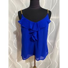 Dizzire, Nwt, Royal Blue, Ladies, Sleeveless Top With Gold Tone Chain Straps, Size Large. Top Is Fully Lined. Features: Sleeveless Size: Womens Large Condition: New With Tags Elegant Blue V-neck Tank Top, Blue Ruffled Sleeveless Camisole, Blue V-neck Tank Top For Party, Blue Ruffled Cami Tank Top, Elegant Blue Spaghetti Strap Tank Top, Elegant Blue Camisole Tank Top, Blue Sleeveless Camisole For Party, Blue Sleeveless Tank Top For Party, Blue Camisole Tank Top For Party