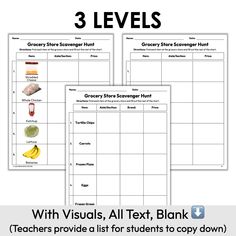 three levels of grocery store scave hunt with text and pictures to help students learn how to use them