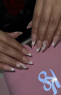 Almond French Nails With Design, Unique Almond French Tip Nails, Summer Prom Nails, Nail Inspo Designs Almond, Almond Nails Designs Elegant, Triple French Nails, Almond Nails For Birthday, Graduation Nails Almond Shape, Pink Almond Nails With Bow