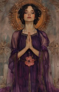 a painting of a woman with her hands folded in prayer while wearing a purple dress