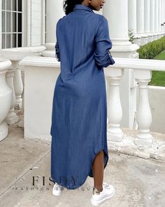 Fisdy - Vestido camisero vaquero clásico de manga larga con cierre de botones Casual Chic Denim, Maxi Pattern, Bodycon Tank Dress, Long Sleeve Denim Shirt, Denim Shirt Dress, Roll Up Sleeves, Daily Dress, Dress Size Chart, Two Piece Outfit