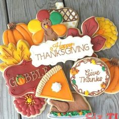 decorated cookies with thanksgiving sayings and turkey, pumpkins, gourmet treats