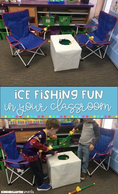 two children playing with an ice fishing fun in their classroom