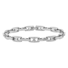 Stainless steel mariner link chain bracelet with foldover clasp. Classic Stainless Steel Oval Link Bracelet, Classic Chain Link Bracelet With Stainless Steel Clasp, Oval Link Stainless Steel Jewelry With Polished Finish, Metal Chain Bracelet With Rectangular Links And Polished Finish, White Gold Chain Bracelet With Rectangular Links, Modern Bracelets With Stainless Steel Clasp And Rectangular Links, Oval Link Stainless Steel Bracelets With Polished Finish, White Gold Stainless Steel Chain Bracelet With Rectangular Links, White Gold Jewelry With Stainless Steel Rectangular Links