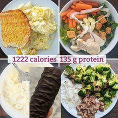 four pictures showing different types of food and the words 122 calories 138 g protein