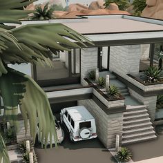 an artist's rendering of a house with a car parked in the front yard