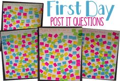 four post it notes with the words first day written on them and colorful paper squares