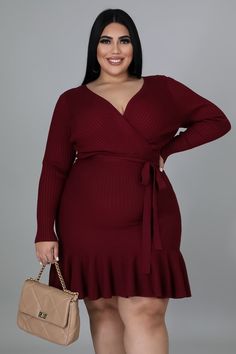 Stretch dress V neck Long sleeves Self tie Flare bottom No closure 96% rayon 4% spandex Han wash cold Model is wearing a 2X Long Sleeve Holiday Dress, Nye Dress, Stretch Knit Dress, Ruffle Trim Dress, Sweetheart Dress, Long Sleeve Sweater Dress, Plus Dresses, Stretch Dress, Unique Dresses